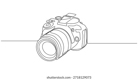 Um desenho em linha de uma câmera digital sobre um fundo branco, desenho contínuo em uma linha da arte da câmera,
