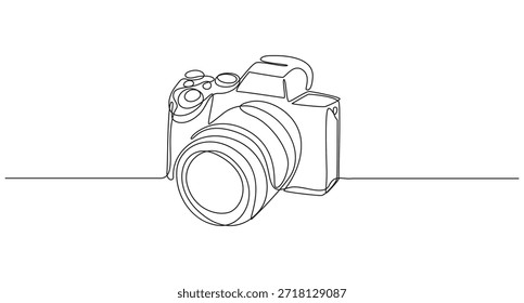 Um desenho em linha de uma câmera digital sobre um fundo branco, desenho contínuo em uma linha da arte da câmera,