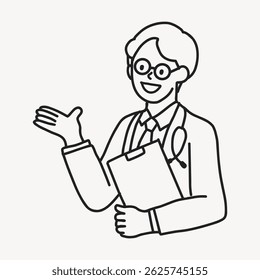 Line drawing of a doctor with glasses, holding a clipboard, and wearing a stethoscope. The doctor is smiling and gesturing with one hand. Person, character illustration vector.