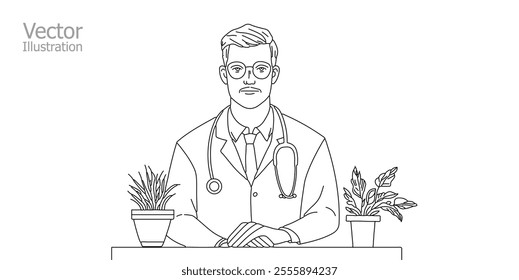  Line drawing doctor standing with arms crossed. Medical center online app. Male character with beard in white coat vector illustration