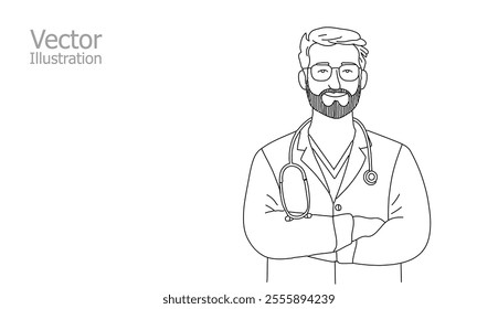 Line drawing doctor standing with arms crossed. Medical center online app. Male character with beard in white coat vector illustration