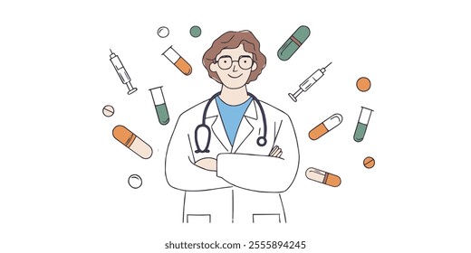 Line drawing doctor standing with arms crossed. Tablets pills syringes around. Medical center online app. Female character in white coat vector illustration