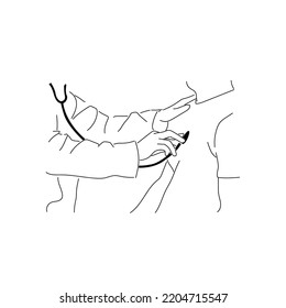 Line drawing of a doctor using a Stethoscope on a patient.