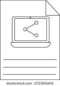 Un dibujo de línea de un documento con un portátil con un icono de compartir