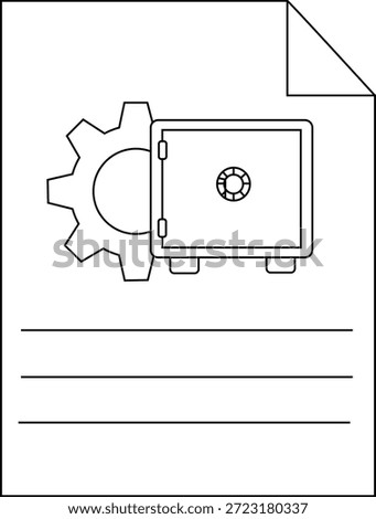 Line drawing of a document with a gear and safe illustration plus lines for text