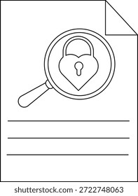 Desenho de linha de um documento com uma fechadura em forma de coração sob uma lupa e três linhas abaixo