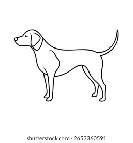 Linha que desenha um cão em perfil com uma cauda curva orelhas pontiagudas em canino animal