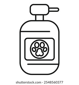 Line drawing of a dog shampoo bottle with a pump dispenser, ideal for representing pet grooming products