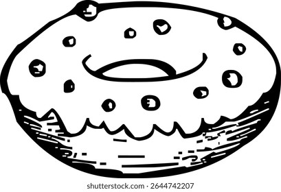 Line drawing of a donut with icing and sprinkles, ideal for coloring pages, vector art, or dessert-themed design projects.