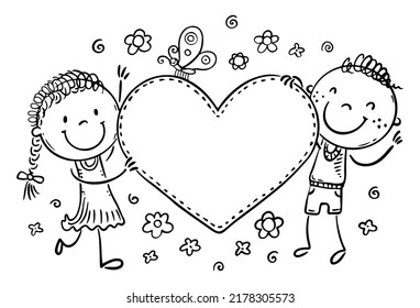 Line drawing of doodle cartoon kids holding heart with a blank space for your text. Valentines day clipart