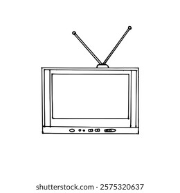 Line drawing doodle cartoon old-fashioned television with two antennas on top.