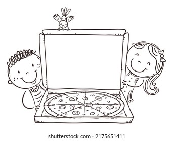 Line drawing of doodle happy kids with pizza with a blank space for your text or image