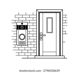 A line drawing of a door with a intercom system mounted on a brick wall beside it.   