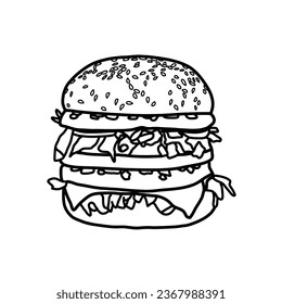 Line Zeichnung DoppelRindbruch Burger mit Käse, Draufsicht. Vektorgrafik schwimmender Hamburger mit Käse. Vektorgrafik, schwarze Linie einzeln auf weißem Hintergrund.