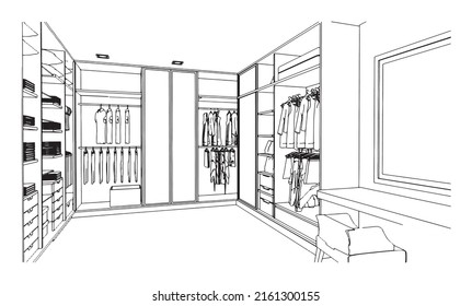 dibujo de línea del vestidor, armario, diseño moderno, renderización 3d