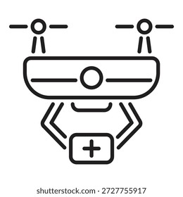 Line drawing of a drone carrying a first aid kit, representing medical delivery and emergency response