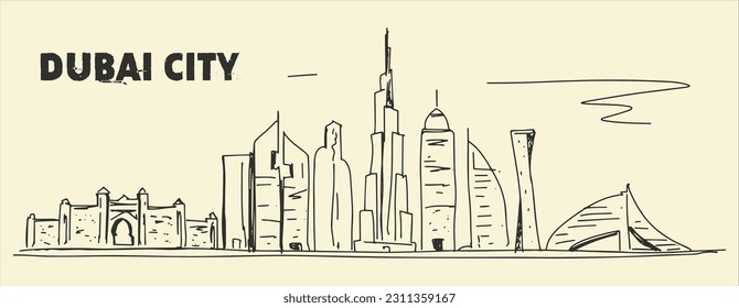 
Dibujo en línea del horizonte de la ciudad de Dubai, Emiratos Árabes Unidos. Hermoso punto de referencia de la ciudad. Turismo paisajístico mundial y viajes. Ilustración vectorial de diseño de líneas