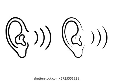 Dibujo de línea de una oreja con representación gráfica de ondas de sonido que irradia oreja 