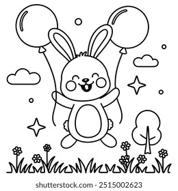 Line drawing of Easter rabbit and large Easter eggs