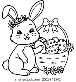 Line drawing of Easter rabbit and large Easter eggs