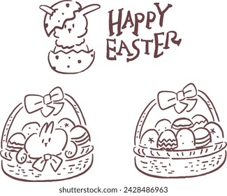 Line drawing of eggs and rabbit basket Easter hand-drawn illustration set
