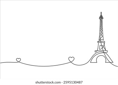 Line drawing of the eiffel tower and two hearts 