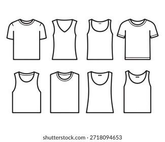 Un dibujo de línea de ocho estilos de camisa diferentes, incluyendo camisetas y camisetas sin mangas en varios escotes y tipos de mangas.
