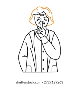 Dibujo de línea de una persona mayor con el pelo corto haciendo un gesto de callar que simboliza una petición de tranquilidad. La obra de arte es minimalista con acentos de color.