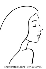 Line drawing, elegant portrait of young woman with closed eyes. Logo for beauty products, hair salon. Attractive avatar. Profile portrait