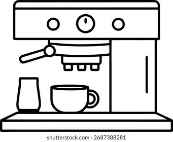 Dibujo de línea de una máquina de café expreso con una taza lista para preparar café en una cocina o cafetería