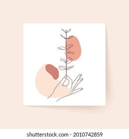 Line drawing of eucalyptus branch with abstract organic shapes. Modern single line art. Vector illustration.