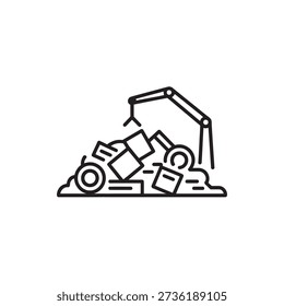 Line drawing of excavator dropping boxes into a pile on ground