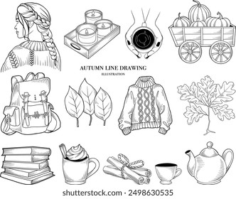 Line drawing fall illustrations, autumn vibes line art clipart, autumn food, clothes and plants vector set