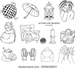 Line drawing fall illustrations, autumn vibes line art clipart, autumn food, clothes and plants vector set