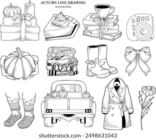 Ilustraciones de otoño de dibujo de línea, Clipart de arte de línea de vibraciones de otoño, comida de otoño, conjunto de Vector de ropa y plantas