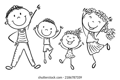 Line drawing of family jumping with joy. Isolated cartoon characters