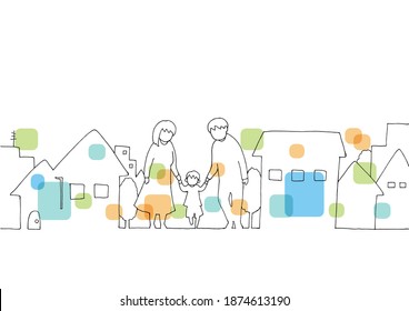 Line drawing of family with town landscape