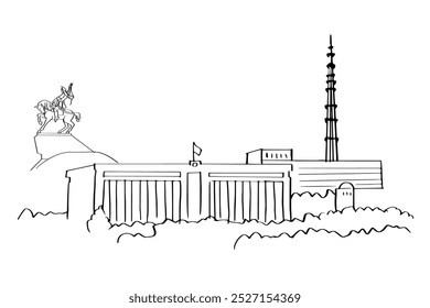Line drawing of a famous Ufa cityscape featuring the Salavat Yulaev monument, a modern building, and a tall tower. Ideal for postcards, travel promotions, or city designs.