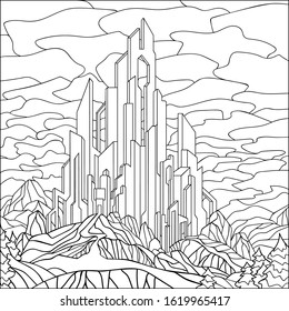 Line drawing fantasy fortress among snowy mountains against a dark threatening sky and trees. Good for coloring book pages.