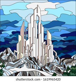 Line drawing fantasy fortress among snowy mountains against a dark threatening sky and trees. Colorful bright landscape.