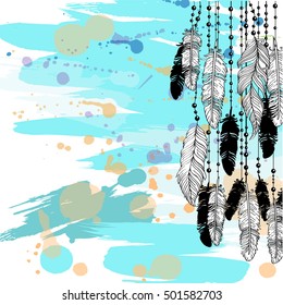 Line drawing of feathers hanging on ropes with beards on a grungy brushstroke texture background. Bohemian vintage style. Design element. Vector illustration.