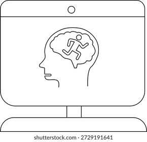 Eine Linienzeichnung zeigt ein Kopfprofil in einem Computerbildschirm mit einem Gehirn, das eine laufende Figur enthält