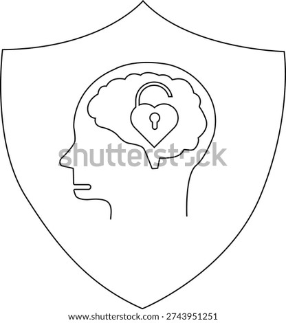 Line drawing features a head silhouette with a brain a heartshaped lock inside and a shield around it