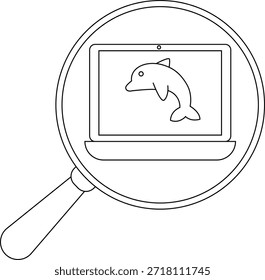 A line drawing features a laptop with a dolphin onscreen viewed through a magnifying glass