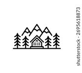 Line drawing features a mountain landscape with cabin. Evergreen trees surround the cabin. Isolated elements for design projects.