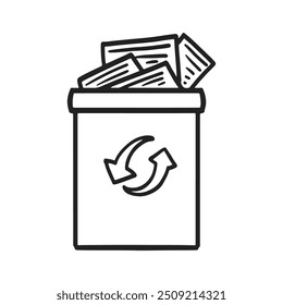 line drawing features a recycling bin filled with papers or documents. The recycling symbol prominently displayed on the bin emphasizes its purpose in waste management and environmental conservation.