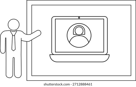 A line drawing features a stick figure businessman next to a laptop displaying a person icon all framed