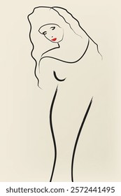 A line drawing features a woman adopting a high-fashion pose.