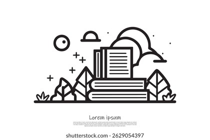 Line drawing featuring a stack of books, mountains, trees, clouds, star, grass, and circle on a transparent backdrop. Great for creative projects.