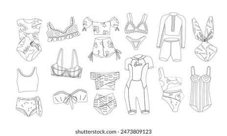 Line Drawing Featuring A Variety Of Stylish Women Swimsuits And Beachwear. Includes Bikinis, One-piece Suits